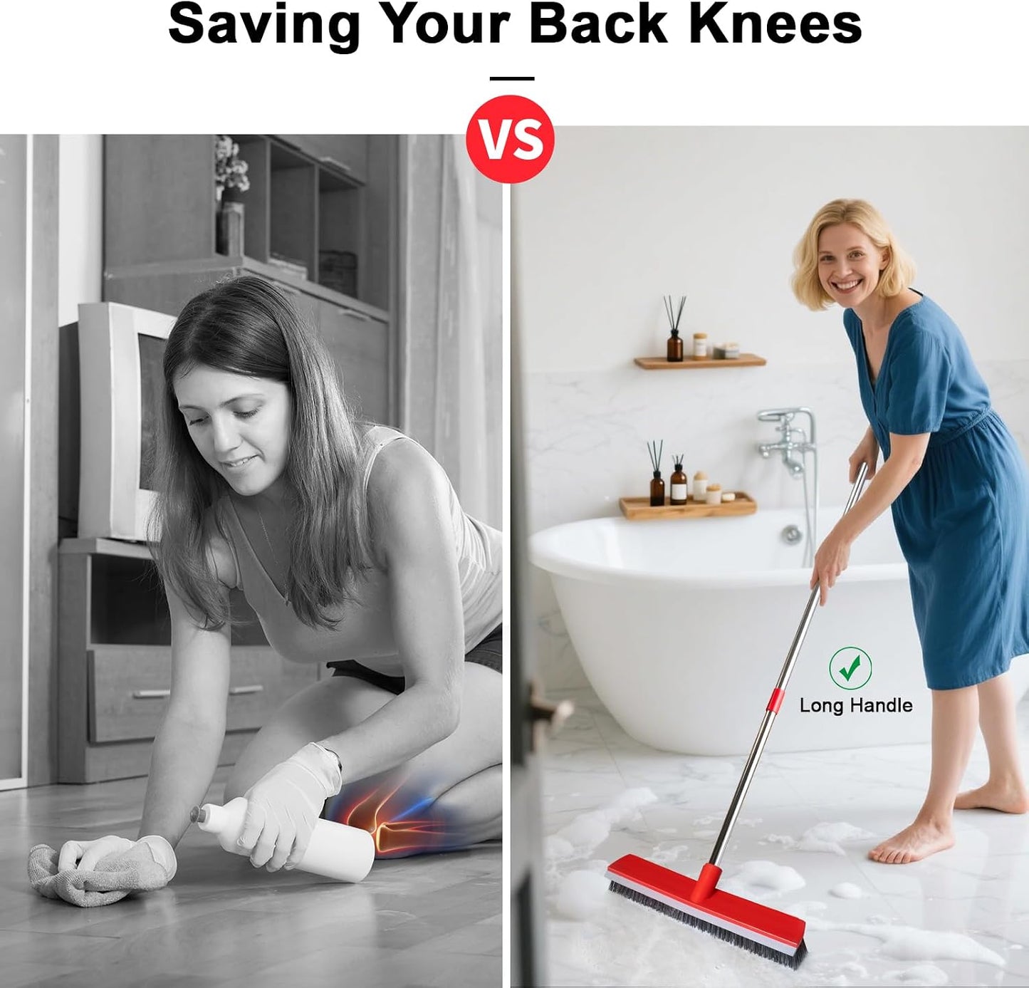 15.7 Inch Floor Scrub Brush Removable Stainless Steel Handle 2 in 1 Scrape Brush Stiff Bristle Shower Scrubber for Cleaning Patio Bathroom Garage Kitchen Wall Deck Tub Tile 52.4 inch Tall
