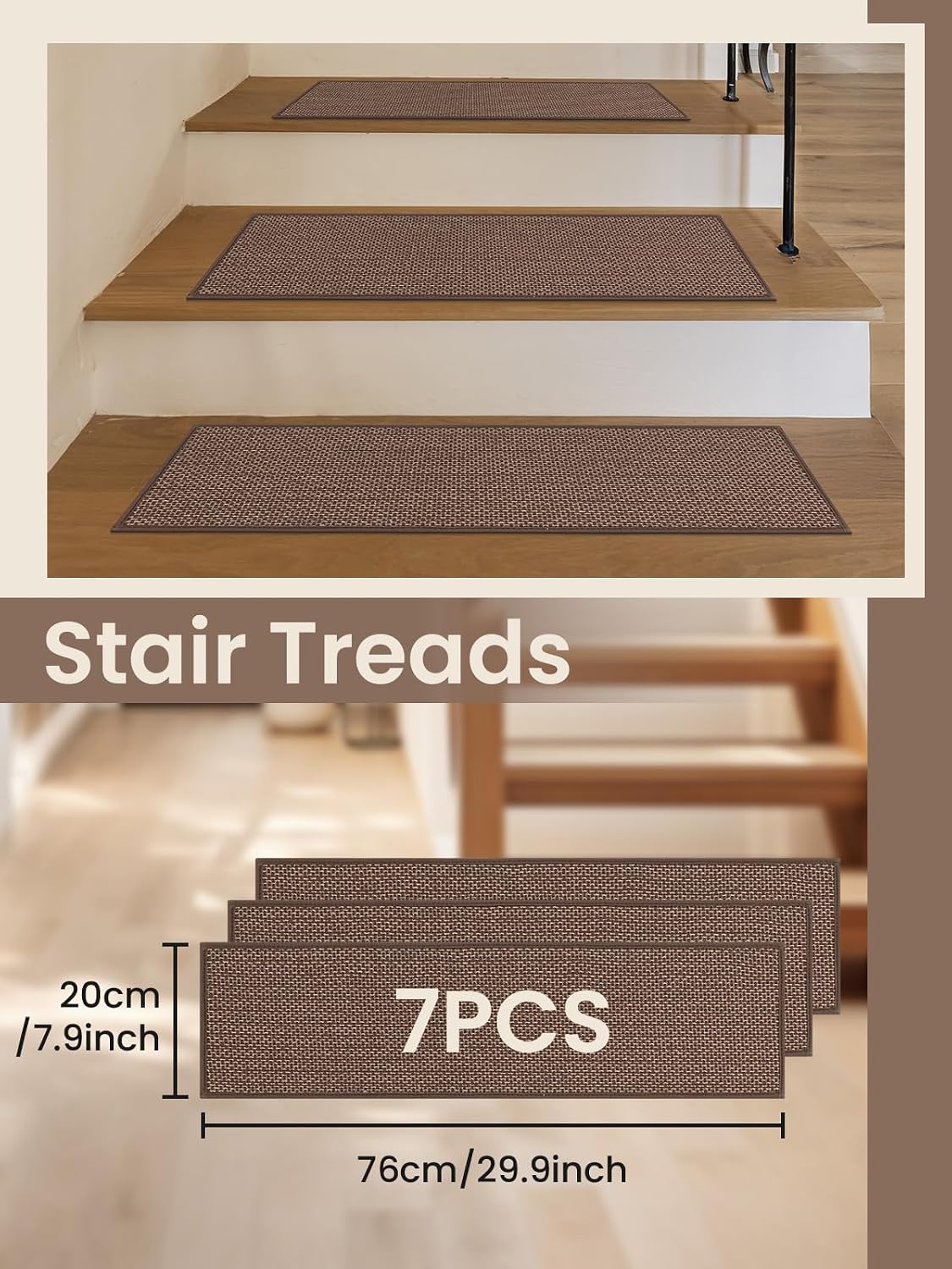 Stair Treads for Wooden Steps Indoor, Peel and Stick Stair Tread,Stair Runners, Non-Slip Carpet Stair-Treads for Kids, Elders & Pets, Machine Washable, Reusable(15PCS,30"x8",Beige)
