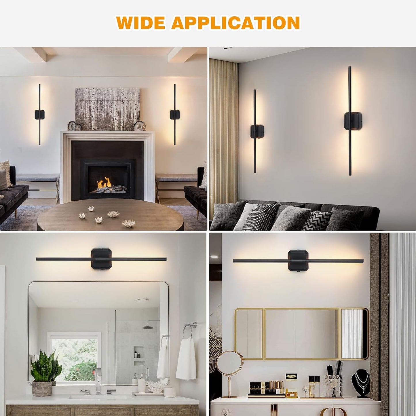 Battery Operated Wall Sconces Set of 2, 𝐔𝐩𝐠𝐫𝐚𝐝𝐞𝐝 Rechargeable Wall Lights with Remote Control, LED Wall Sconces Black, 3000K-6000K Dimmable 360° Rotatable for Living Room, Bedroom, 28''