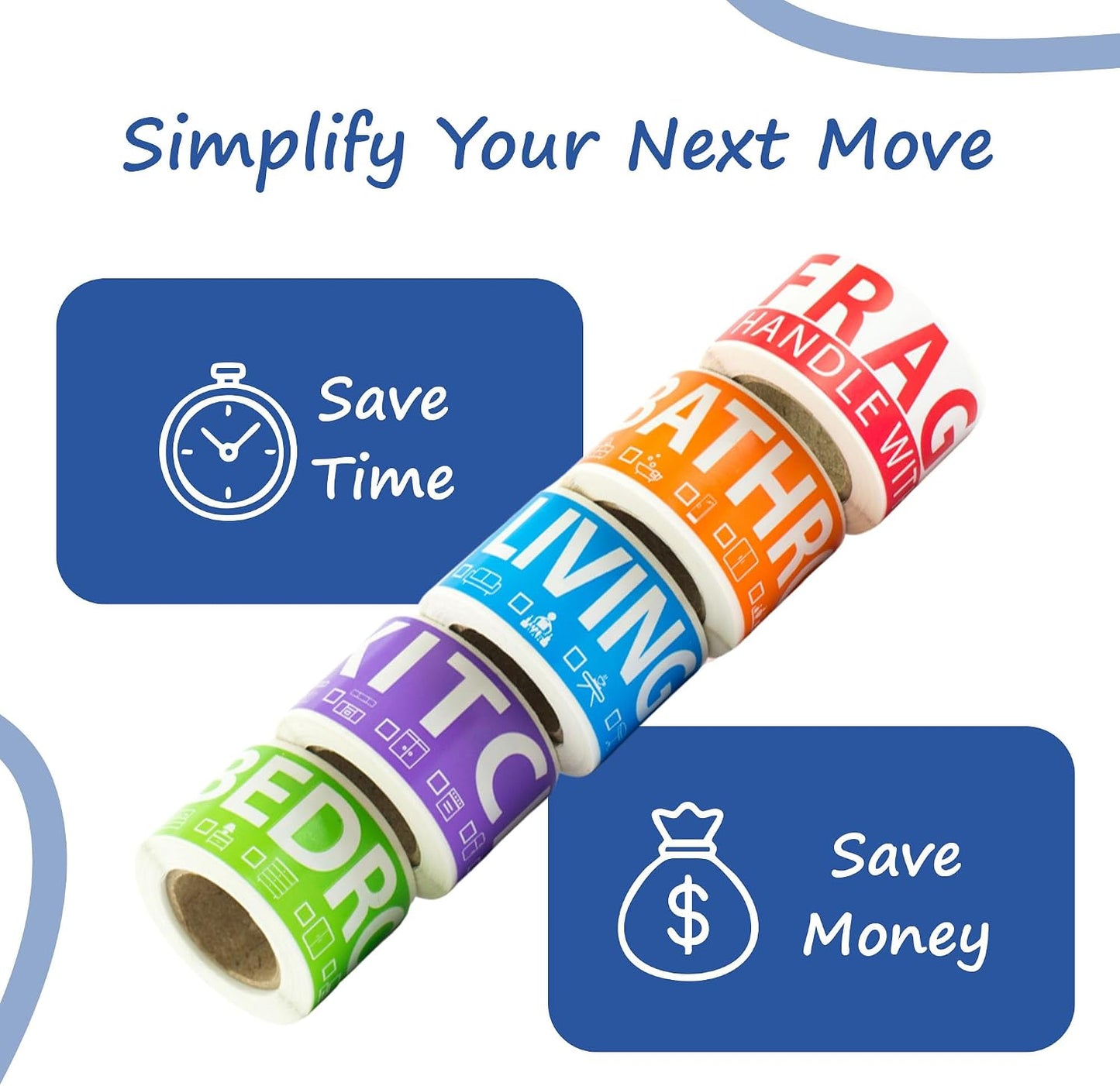 250 Home Moving Labels for 1 Bedroom — 5 Color-Coded Room Labels (50 Each) + Fragile Stickers for Moving Boxes, Supplies, Wardrobe Boxes, Apartment Moves