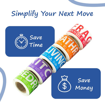 250 Home Moving Labels for 1 Bedroom — 5 Color-Coded Room Labels (50 Each) + Fragile Stickers for Moving Boxes, Supplies, Wardrobe Boxes, Apartment Moves