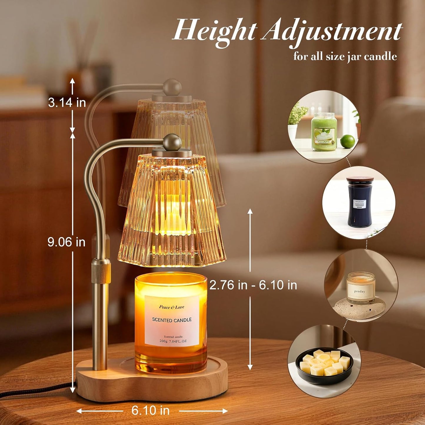 Candle Warmer Lamp with Timer & Dimmable Settings, Adjustable Height Flameless Scented Wax Melter for Jar Candles, Elegant Home Decor Warmer Lamp with 2 Bulbs, Gift for Women Mom Friend Family, Black