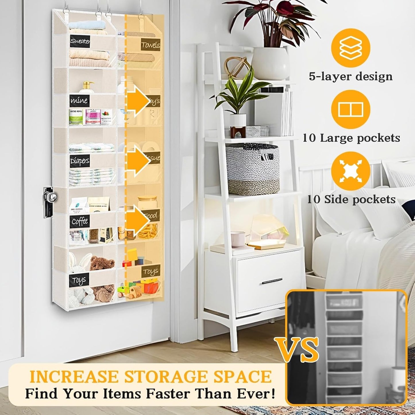 Over The Door Organizer, 5-Tier Extra Large Behind Door Storage with 10 Big Front & 10 Mesh Pockets, 80lb Capacity, Hanging Storage Organizer with Clear Window Kids Toys, Shoes, Diapers, Light Grey