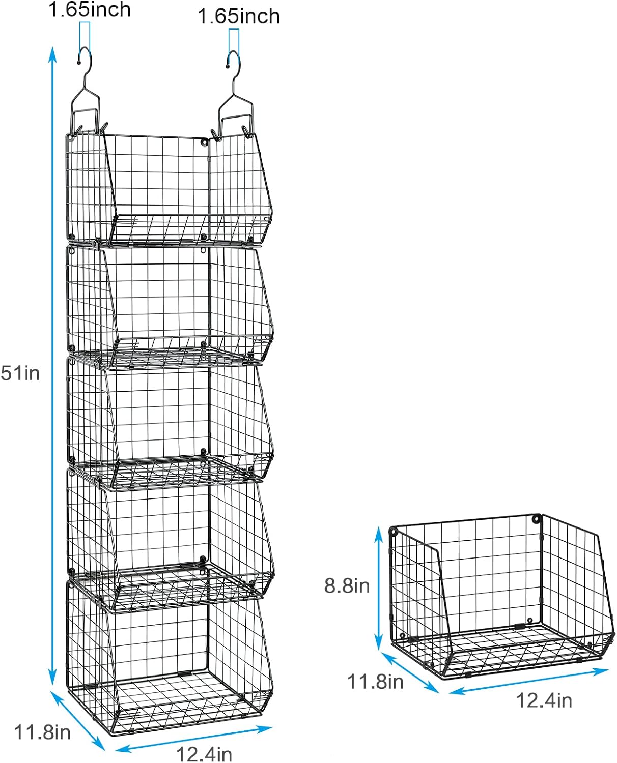 X-cosrack 5 Tier Closet Hanging Organizer, Clothes Hanging Shelves with 4 Hanging Hooks 5 S Hooks, Wire Storage Basket Bins, for Clothing Sweaters Shoes Handbags Clutches Accessories Patent Design