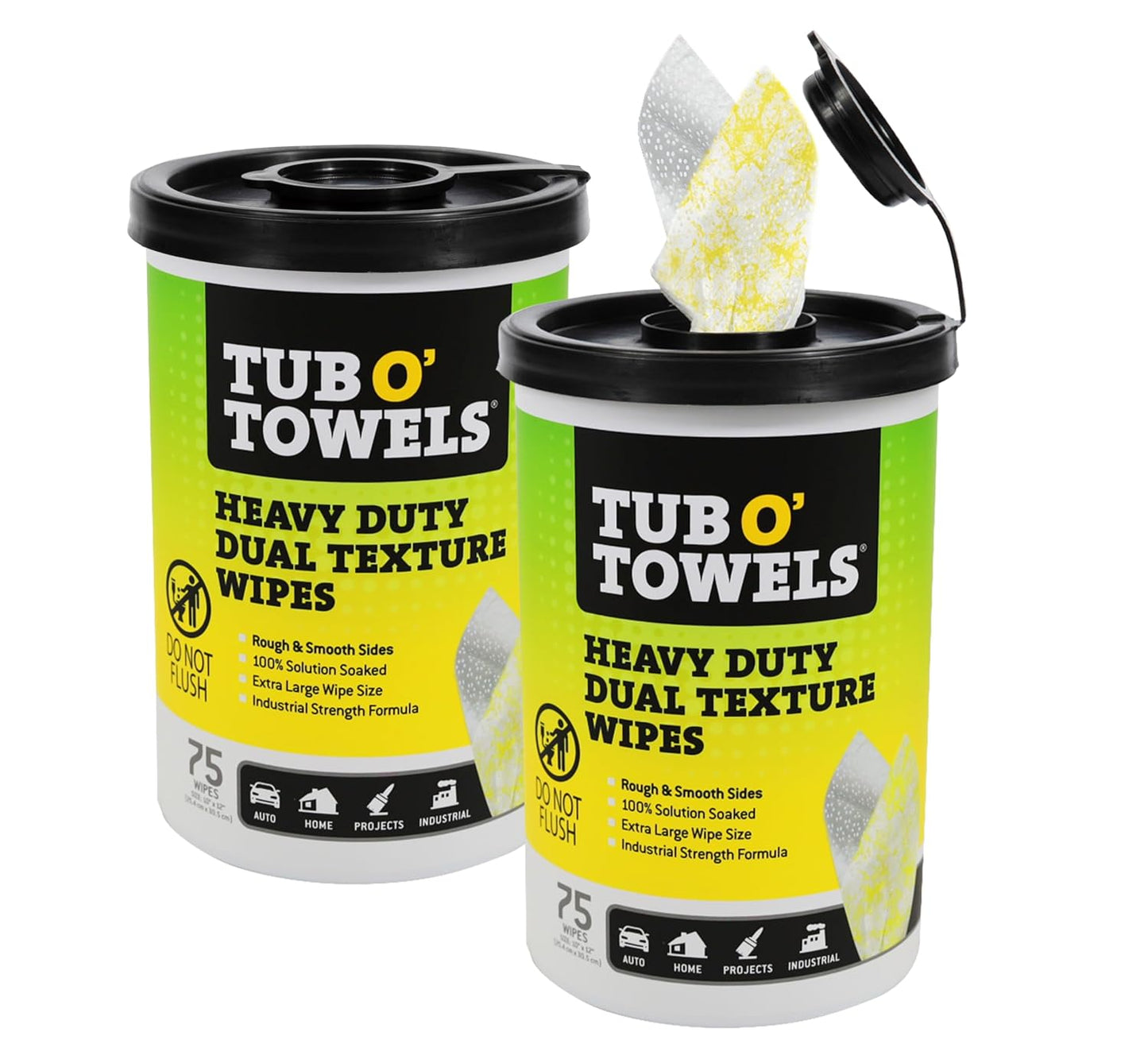 Tub O' Towels TW75 Heavy-Duty Multi-Surface Cleaning Wipes, Pack of 1 – XL 10" x 12" Dual-Texture Wipes – Helps Remove Grease, Oil, Tar, Paint, Ink & Tough Messes – For Home, Garage, Auto & Workshop