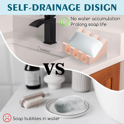 Self Draining Silicone Soap Dish Holder Waterfall Tray, 2 Pack Black | Waterfall design drains fast to keep soap dry, non-slip silicone base anti slide, soap saver for bathroom & kitchen