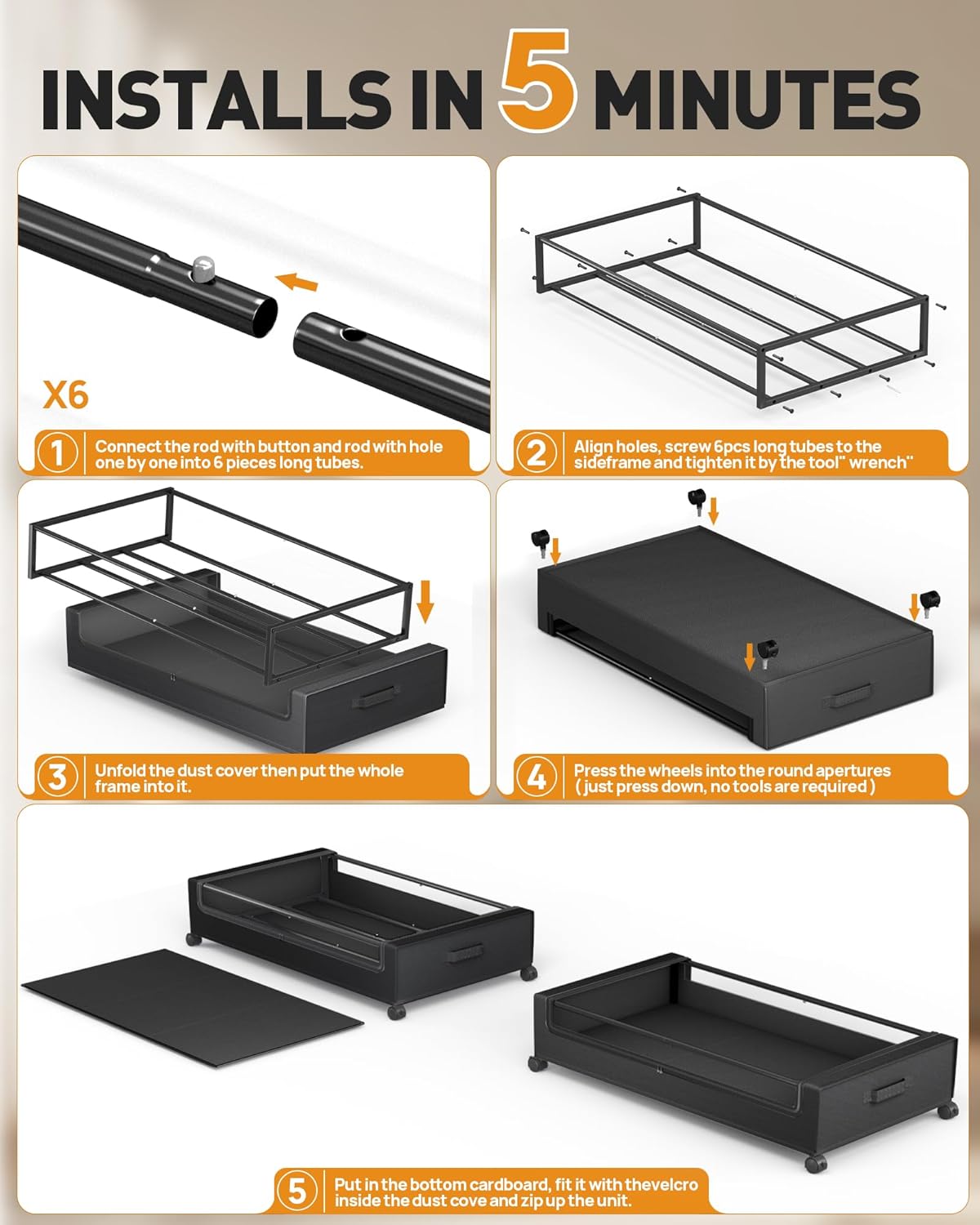 Under Bed Storage With Wheels, 2 Pack Square Containers, 60L Bins, Rolling Metal Drawer for Clothes, Blankets, Shoes