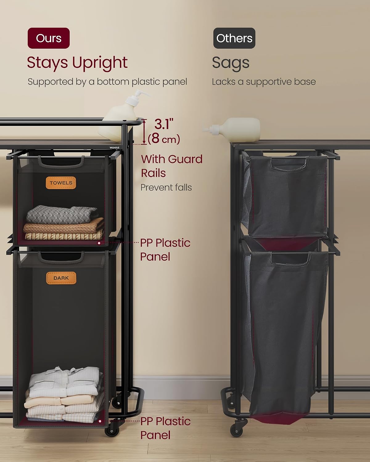 VASAGLE Laundry Sorter, Laundry Hamper with Wheels, 39.6 Gal. (150 L) Portable Rolling Cart Baskets with Shelf, 3 Removable Liners and 6 Labels, Ink Black and Chestnut Brown UBLH103BH01