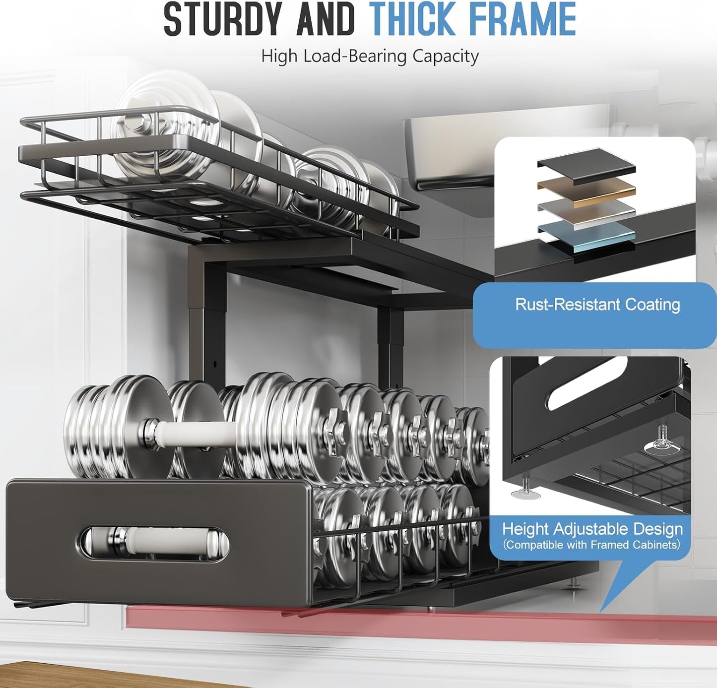 Under Sink Organizer Upgrade To Professional Rails,2-Tier Dual Pull Out Cabinet Storage,Height Adjustable Slide Out Drawers For Bathroom Kitchen,2 Pack-14.5" Dx12.8-16.9" H,White