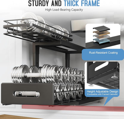 Under Sink Organizer Upgrade To Professional Rails,2-Tier Dual Pull Out Cabinet Storage,Height Adjustable Slide Out Drawers For Bathroom Kitchen,2 Pack-14.5" Dx12.8-16.9" H,White