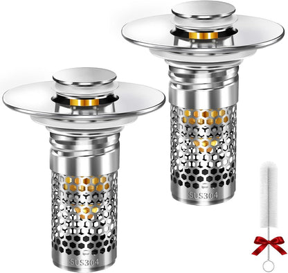 Bathroom Sink Stopper, Pop-up Bathroom Sink Drain Strainer Stopper with Removable Stainless Steel Strainer Filter Basket Hair Catcher, Sink Drain Stopper for Bathroom Sink Stopper Replacement (2PCS)