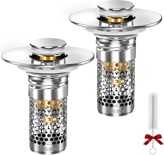 Bathroom Sink Stopper, Pop-up Bathroom Sink Drain Strainer Stopper with Removable Stainless Steel Strainer Filter Basket Hair Catcher, Sink Drain Stopper for Bathroom Sink Stopper Replacement (2PCS)