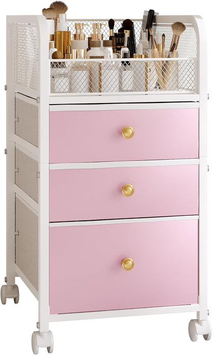 Rolling Makeup Organizer Cart with 3 Drawers, Under Desk Vanity Makeup Storage Cart, Bathroom Storage Cart Cosmetic Display Cases Cabinet for Nail Polish, Brushes & Hair Tools, Gold