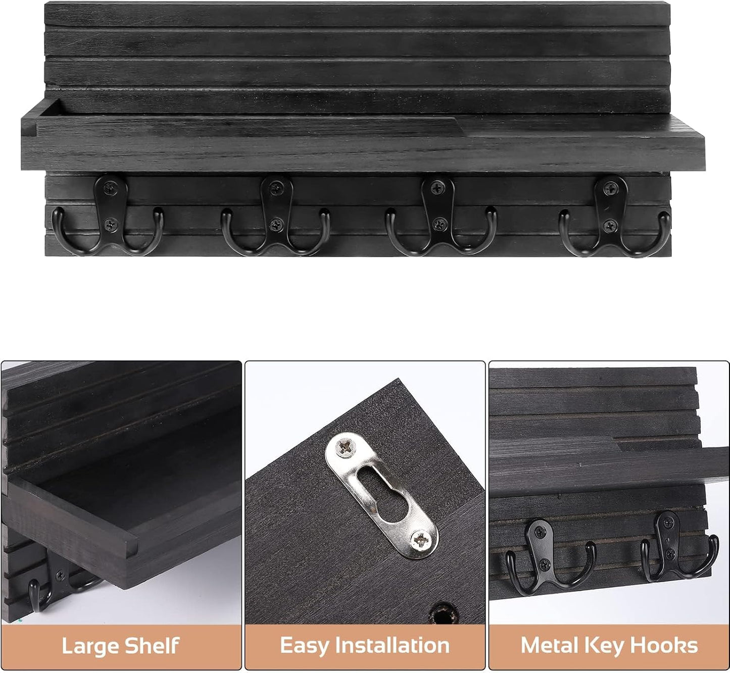 Decorative Key Hanging Rack with 4 Double Hooks – Easy Install Natural Wooden Key and Mail Holder for Wall Mount – Entryway Decor Rack with Shelf (Carbon Black)