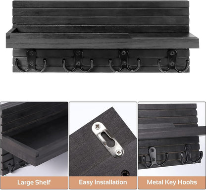 Decorative Key Hanging Rack with 4 Double Hooks – Easy Install Natural Wooden Key and Mail Holder for Wall Mount – Entryway Decor Rack with Shelf (Carbon Black)