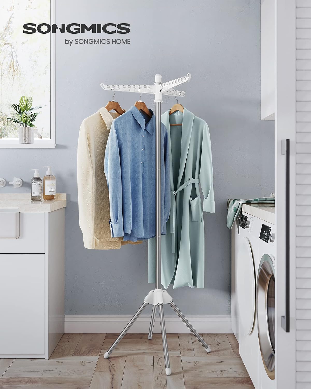 SONGMICS 2-Tier Clothes Drying Rack, 72-Inch Folding Laundry Drying Rack with 3 Rotatable Arms for Hangers, 24 Clips, Stainless Steel, for 27 Pieces of Clothes, Blue and Silver ULLR512Q01