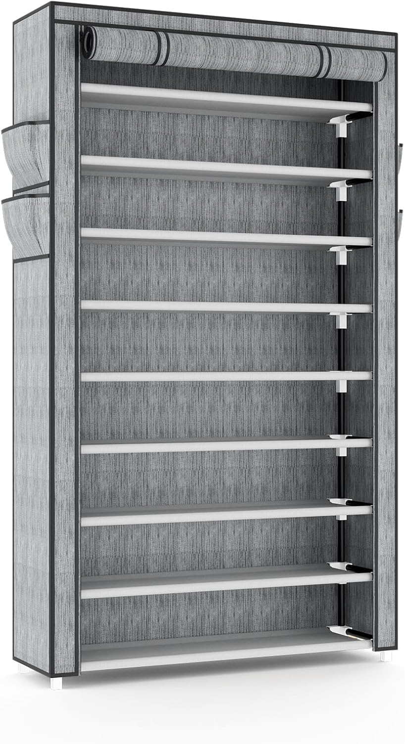 VILICK Shoe Rack with Cover Narrow Shoe Organizer with 4 Side Pockets 10 Tier Tall Shoe Storage Holds 18-22 Pairs Shoes and Boots Shoe Rack for Closet Entryway Garage