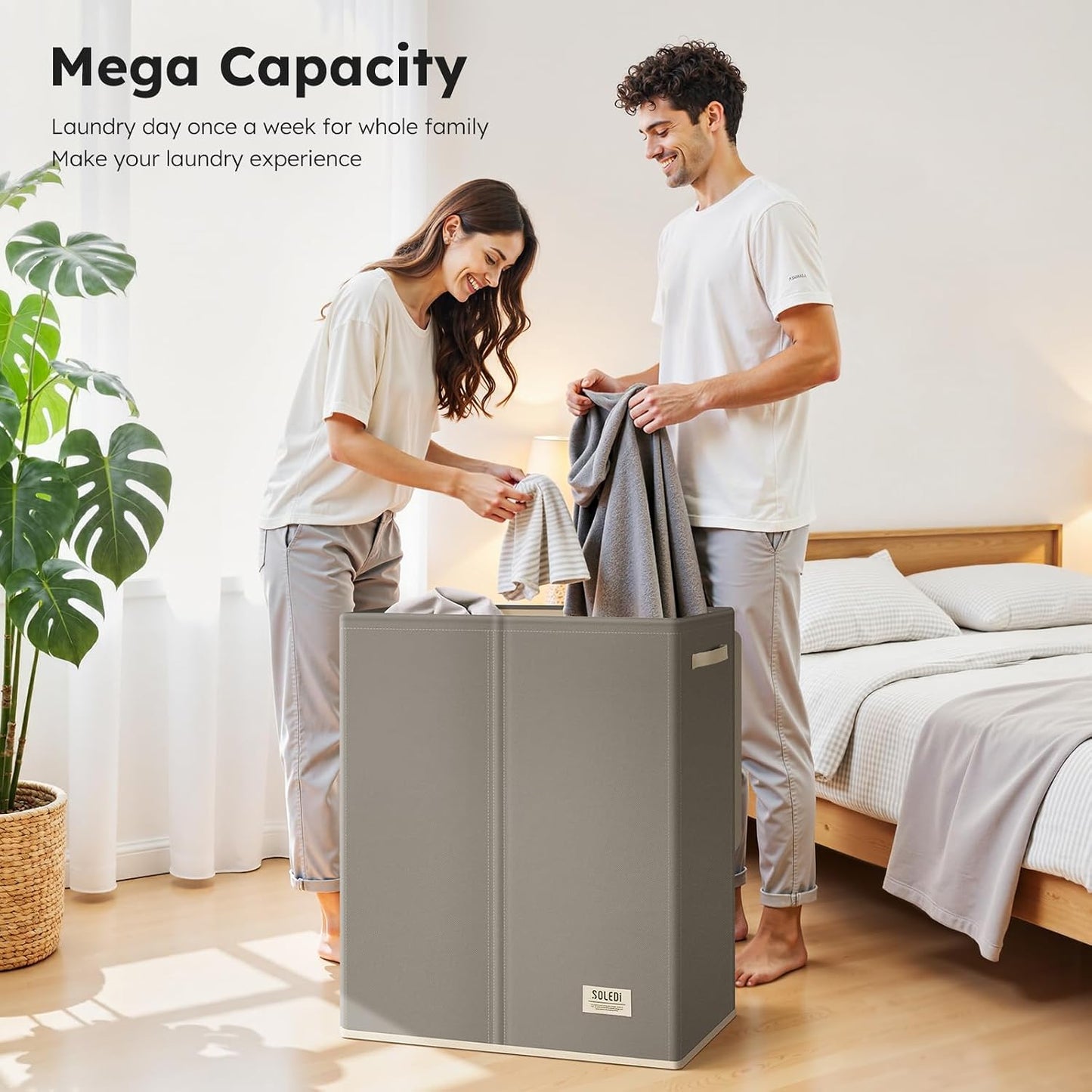 SOLEDI Luxury Double Laundry Hamper with Lid and Removable Bags, 38.3 Gal Large Laundry Bin, Laundry Basket 2 Sections, Collapsible Clothes Hamper for Bedroom, Laundry Room, Bathroom, Off-white