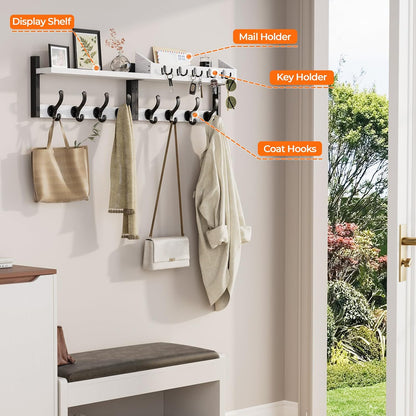 Evermagin 29" Coat Rack Wall Mount with Shelf, 4 in 1 Coat and Key Hanger with 11 Metal Hooks, Entryway Wall Mounted Shelf with Mail Holder for Living Room, Bedroom, Rustic Brown