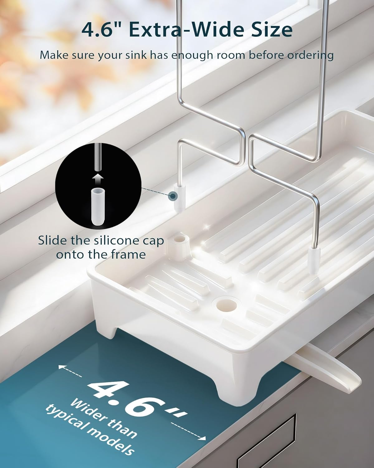 Minimalist Sink Caddy, Rustproof Sponge Holder for Kitchen Sink with 304 Stainless-Steel Brush Holder, Countertop Rack Organizer with Raised Ridges & Silicone Drain Tube (Black, Large)