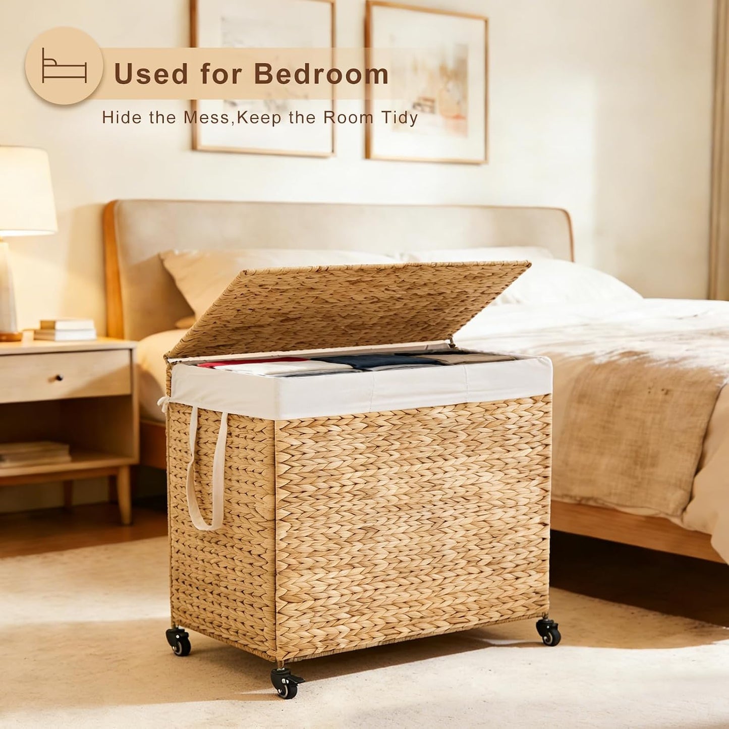 3-Section Laundry Hamper with Lid, Large Capacity Woven Natural Water Hyacinth Laundry Sorter with Removable Liners, Rolling or Non-Slip Design for Bedroom (Natural, 155L)