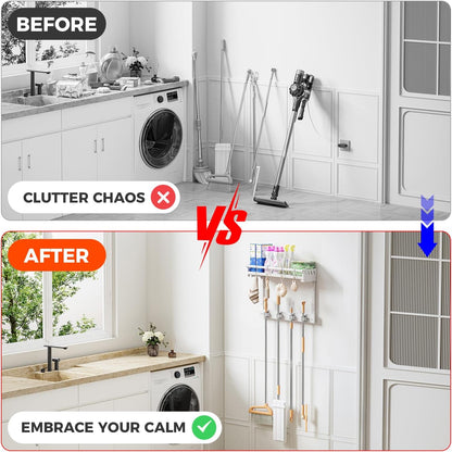 Broom Holder Wall Mount with Shelf,Broom Hanger,3 in 1 Broom and Mop Organizer Wall Hanging for Laundry,Garage,Utility,Broom Rack,Vacuum Stand Alternative,Cleaning Supplies Organizer Storage,White,L