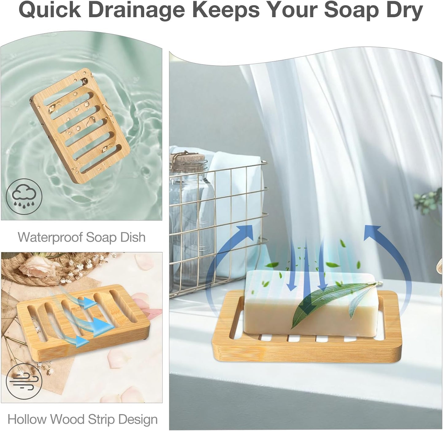 2 Pack Wooden Soap Holder Bamboo Soap Dish for Shower with Self Draining Tray Natural Bar Soap Holder and Soap Saver for Bathroom Kitchen Sink