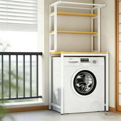 Over The Washer Storage Shelf, Space-Saving Laundry Organizer, Sturdy Metal Frame with Natural Wood Shelves, No Drilling, Ideal for Laundry Room, Bathroom, Balcony(White,Two Layers)
