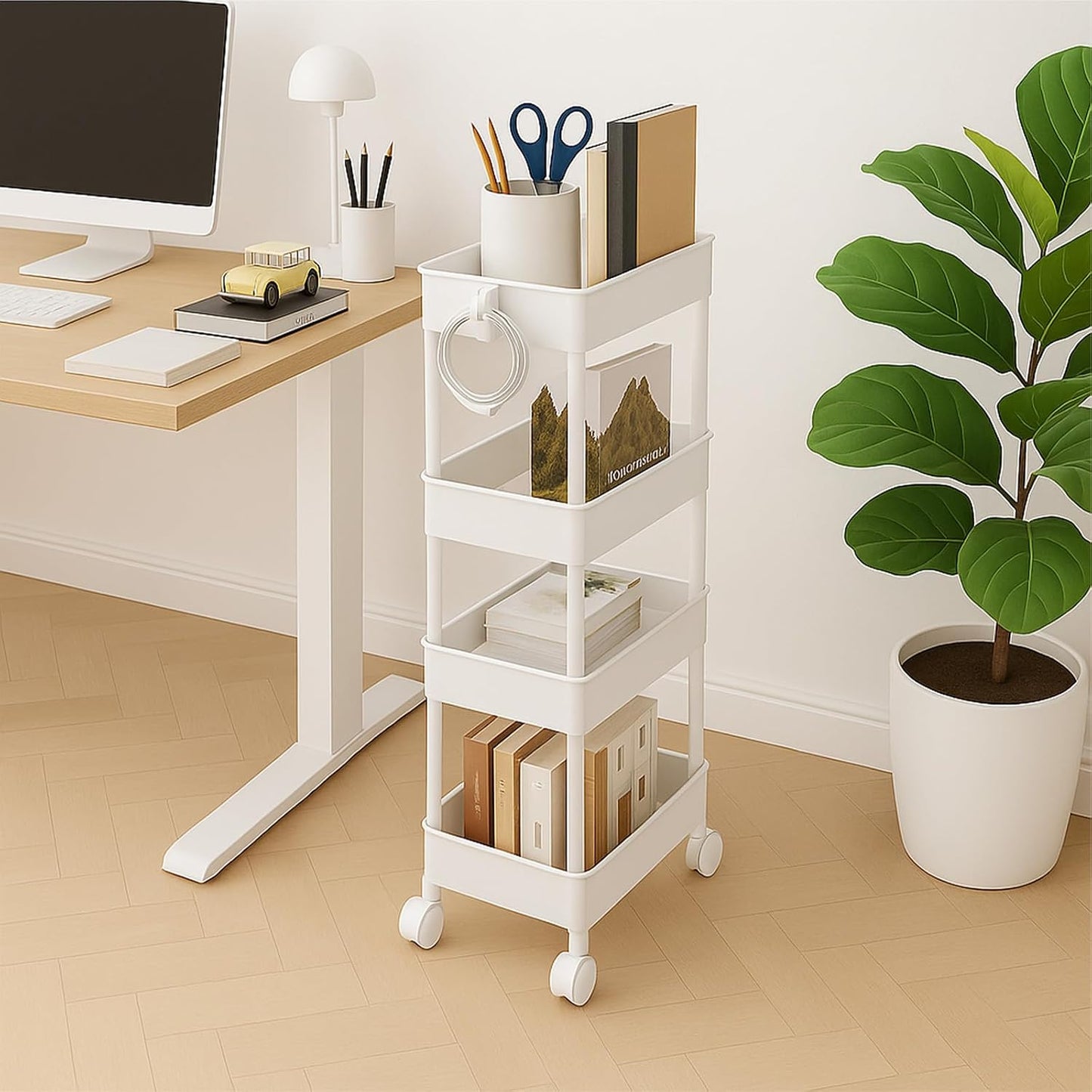 ShellKingdom 4 Tier Bathroom Storage Organizer, Slim Rolling Storage Cart for Narrow Space, Mobile Shelving Unit with Lockable Wheels and Hooks for Bathroom, Kitchen, Laundry Movable Shelf (Green)