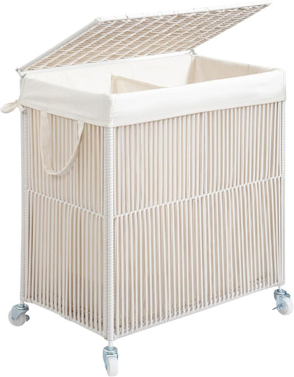 WOWLIVE Laundry Hamper with Wheels, 160L Handwoven Rolling Laundry Basket 3 Section with Lid, Clothes Hamper with Removable Liner Bags, Large Capacity Laundry Sorter Laundry Room Organization, Natural