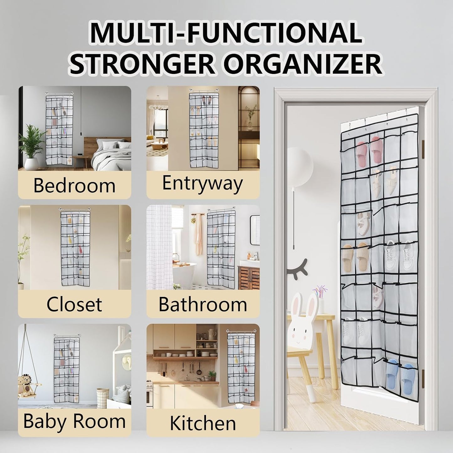 Over the Door Shoe Organizer, 12 Mesh Pockets Hanging Shoe Organizer with 4 Metal Hooks (Black)
