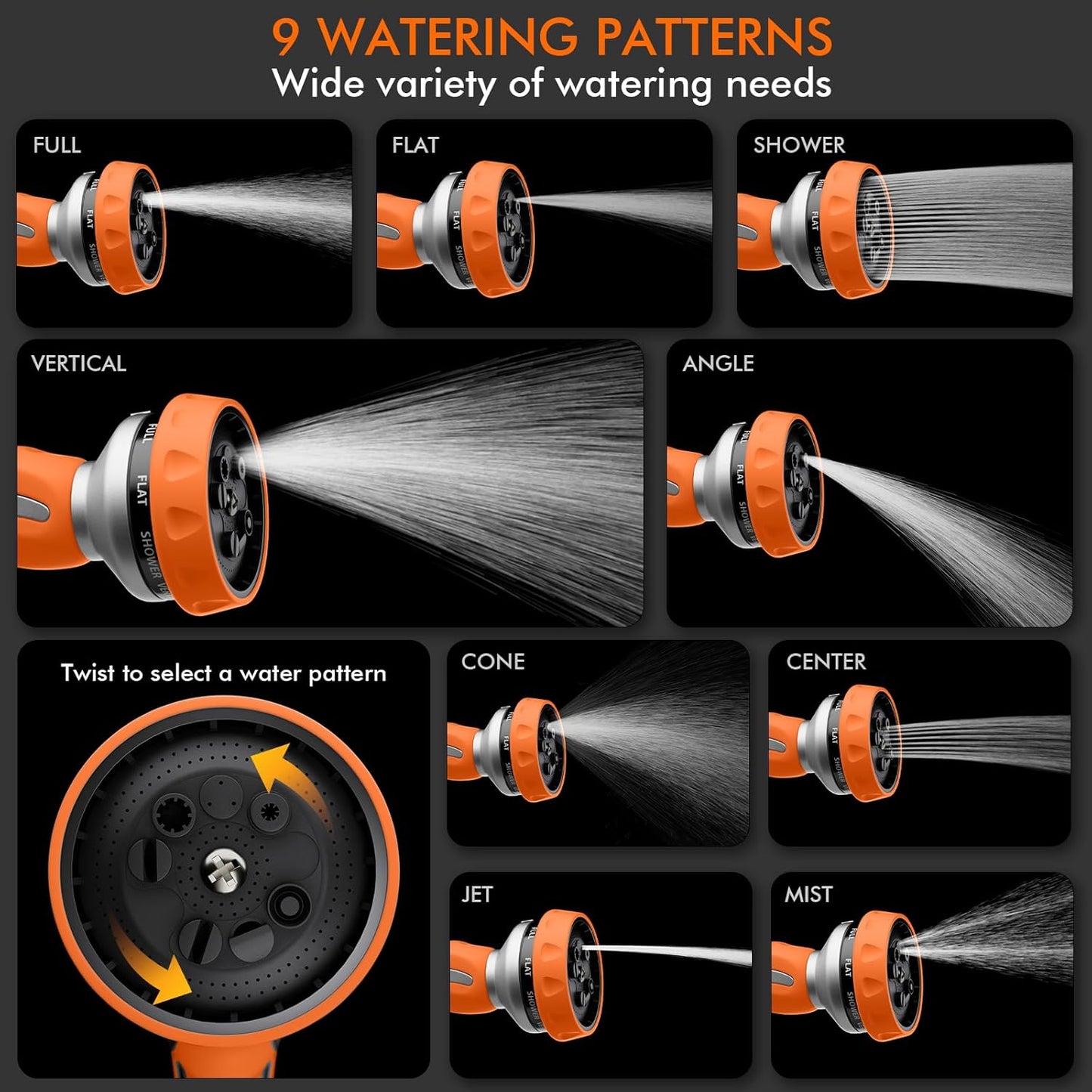 RESTMO Hose Nozzle Heavy Duty, Metal Water Hose Sprayer for Garden | 9 Spray Patterns, High Pressure, Thumb Flow Control, On/Off Valve, Ideal for Outdoor Lawn & Plant, Car & Pet, Black