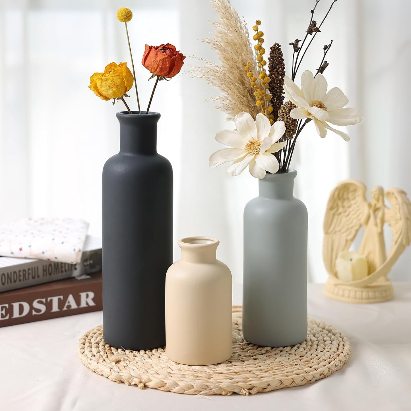 CUCUMI Ceramic Vase Set of 5, Home Decor Farmhouse Décor Handmade Pottery Vases for Pampas Grass, Dried Fresh Flowers, Table, Living Room, Kitchen, Shelf, Entryway Mantel Neutral Tones