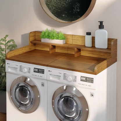 54" 2 Tier Washer Dryer Countertop with Storage Shelf, Waterproof MDF Laundry Room Organizer, Folding Station, Mechanically Joined Two-Panel Countertop (Walnut Brown)