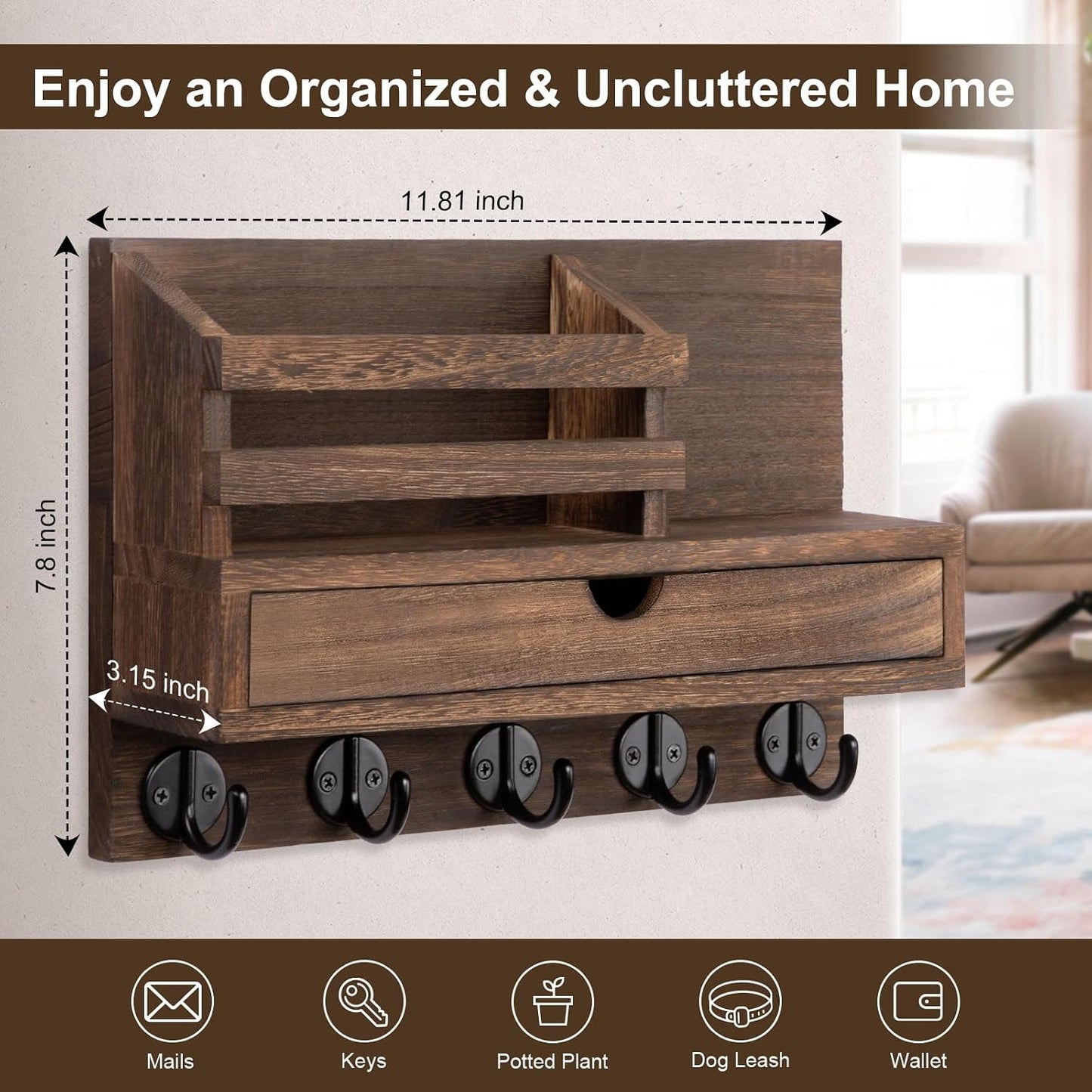 Key Holder Wall Mount, Mail Holder with Storage Drawer and 5 Key Hooks for Coat, Dog Leash, Home Decor Rack, House Accessories, Entry Way Organizer