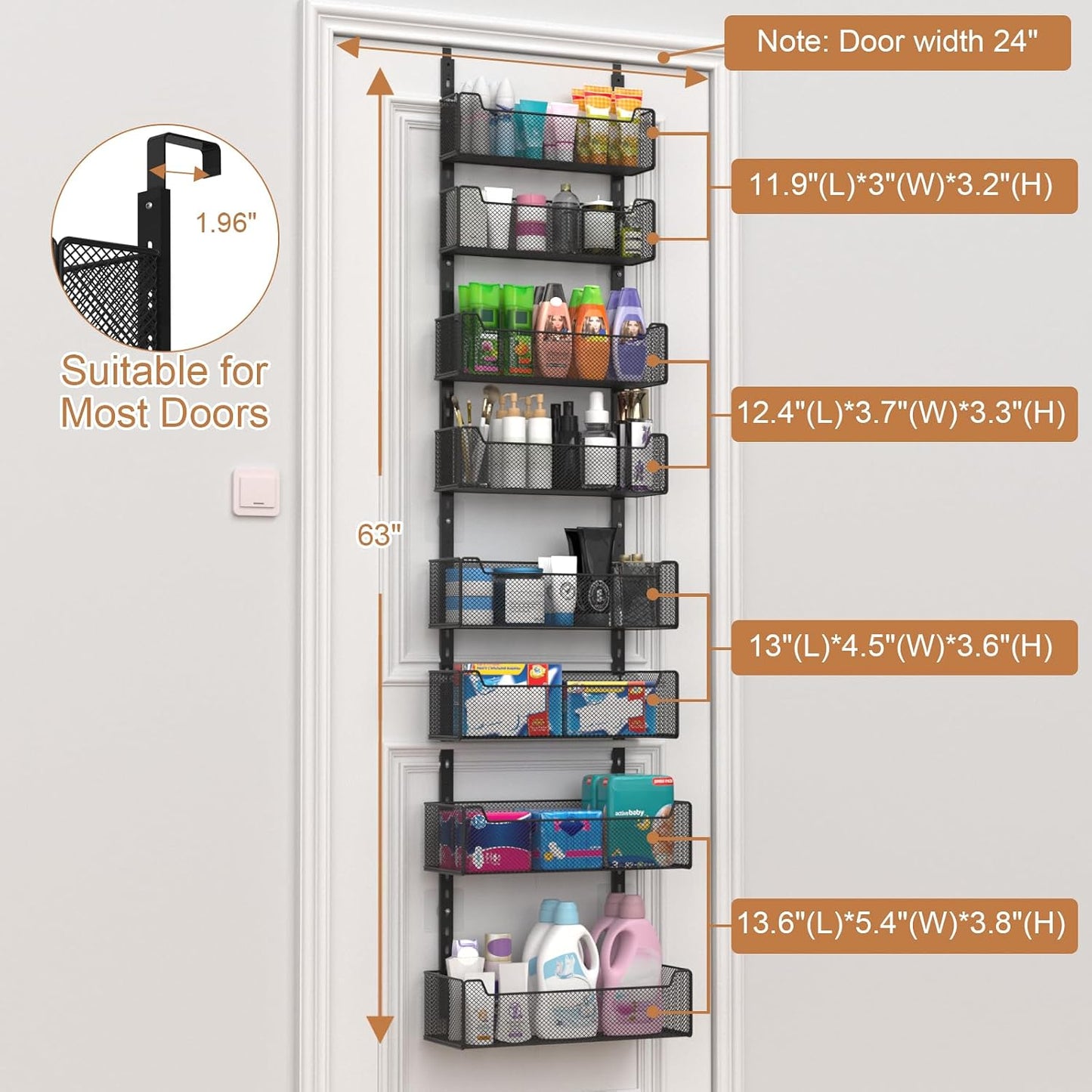 VyGrow Over The Door Organizer, Metal Door Organizer Hanging with 5 Adjustable Baskets and Coat Hook, Behind The Door Storage for Bedroom Closet Bathroom Pantry Cabinet Kitchen, Black