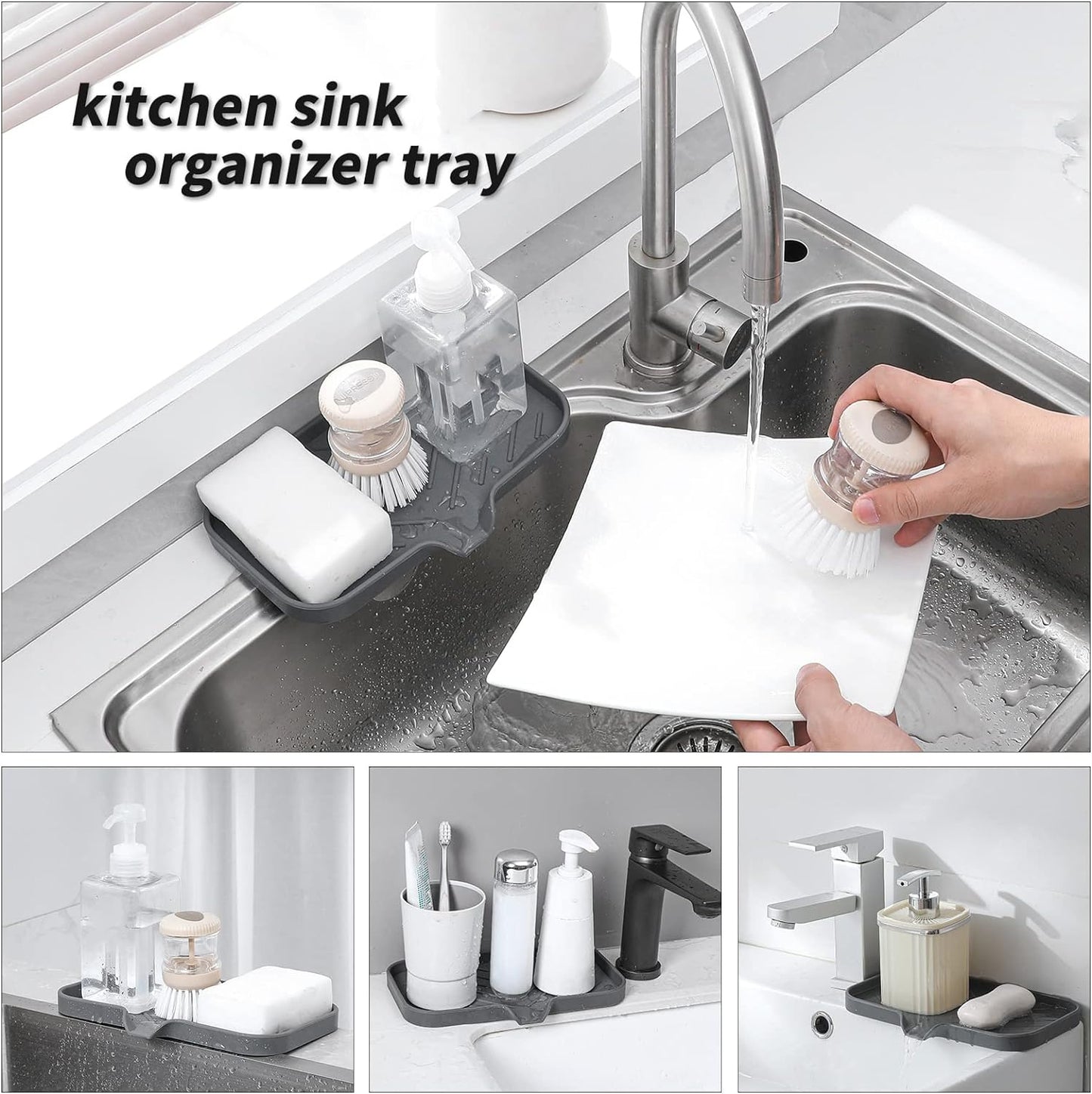 MicoYang Silicone Bathroom Soap Dishes with Drain Spout-Bathroom and Kitchen Sink Organizer,Sponge Holder,Dish Soap Tray,Perfect for Dispenser,Scrubber,Bottle,Cup on Sink or Counter-Coffee 4.9"×3.2"