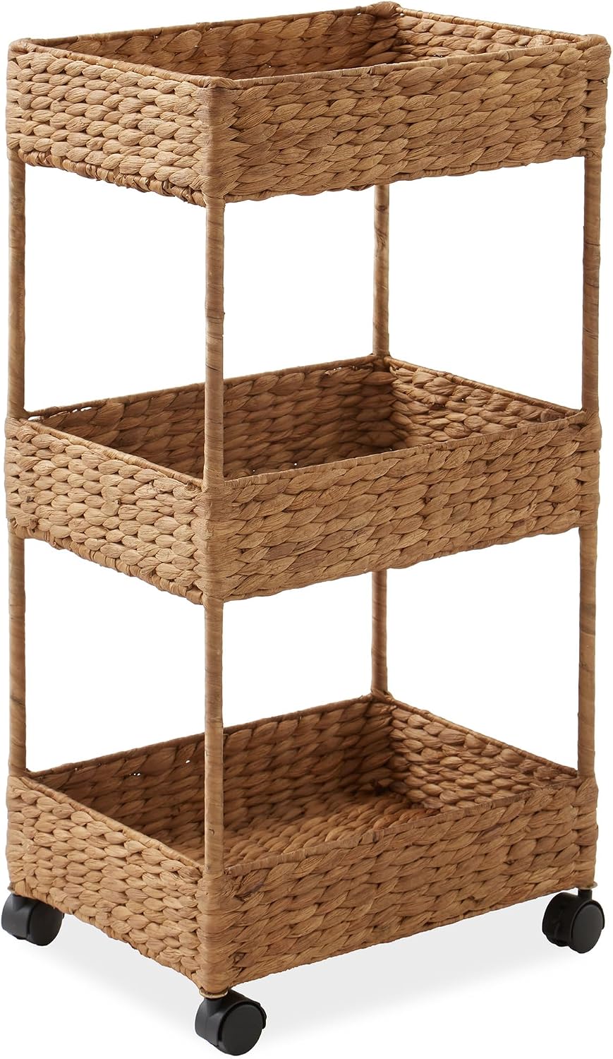 Casafield 3-Tier Rolling Storage Cart - Natural, Water Hyacinth Nursery Caddy, Utility Cart for Bathroom, Craft Room, Laundry Room Organization