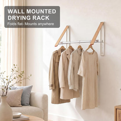 LEQ Clothes Drying Rack Wall Mounted, Foldable Laundry Drying Rack with Wood-Tone Aluminum Frame, Rustproof Retractable Clothes Hanger for Small Laundry Room, Bathroom, Balcony,White