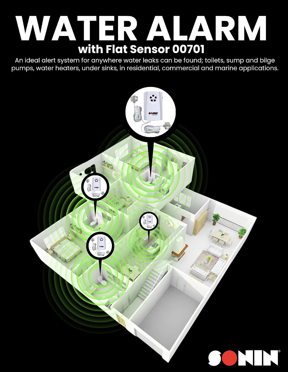 Sonin Water Alarm – 85 dB Leak Detector with Remote Sensor for Early Water Detection and Dual-Point Leak Detection for Expanded Coverage (00802)