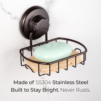 HASKO Suction Cup Soap Dish for Shower Wall, Rustproof Stainless Steel Shower Soap Holder for Bathroom with Hooks and Soap Saver, Includes Optional No Drill Adhesive Mount, Silver