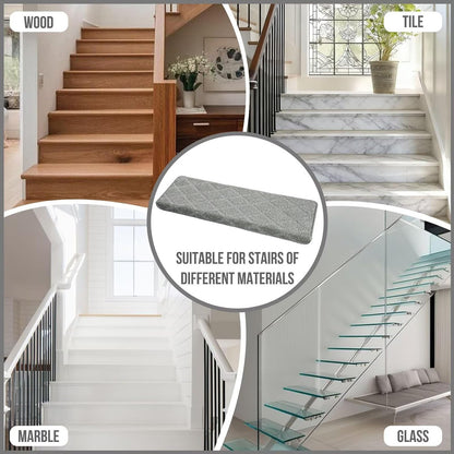 DEXDE Bullnose Stair Treads for Wooden Steps Non-Slip Stair Runner, 14 Pcs | Reusable bullnose carpet Stair Treads Indoor, Peel and Stick Stair Rugs with Edge Protection, Soft Washable, 30"x9.5" Grey