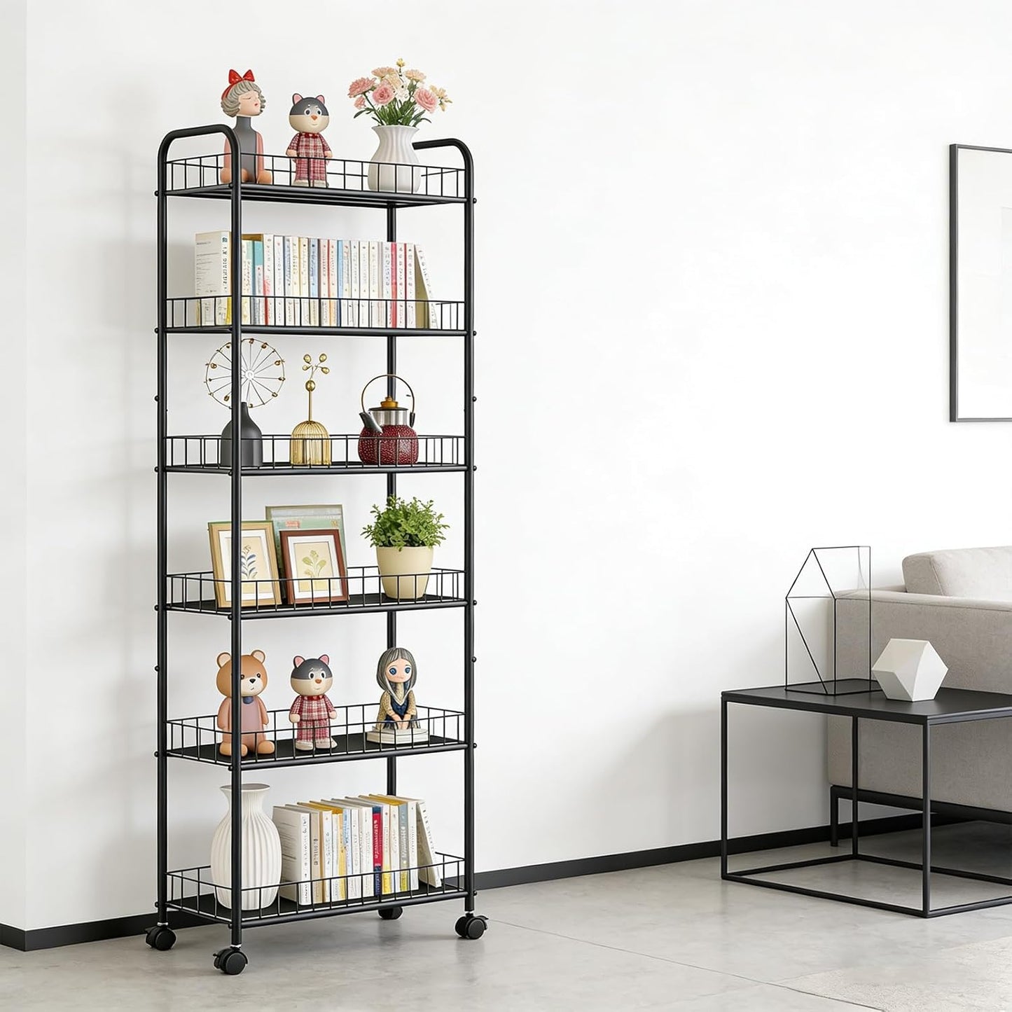 10in 6-Tier Slim Storage Cart with Wheels, Metal 10in Wide Black Narrow Rolling Shelf, Sturdy Slim Storage with Hooks Ideal for Kitchen, Bathroom, and Laundry Room