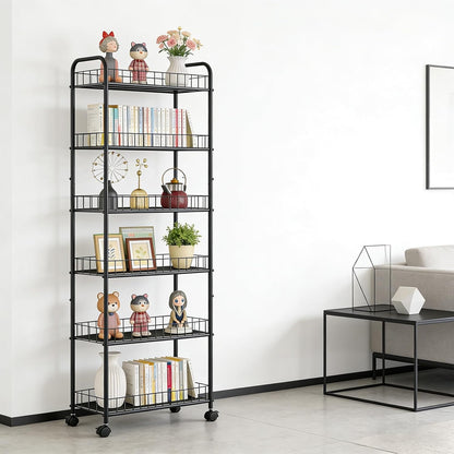 10in 6-Tier Slim Storage Cart with Wheels, Metal 10in Wide Black Narrow Rolling Shelf, Sturdy Slim Storage with Hooks Ideal for Kitchen, Bathroom, and Laundry Room