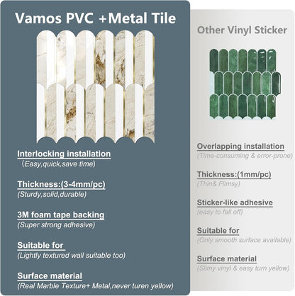 Vamos Peel and Stick Backsplash Seamless Tile for Kitchen and Bathroom,White and Beige Slate PVC Mixed Light Gold Self Adhesive Fish Scale Metal Mosaic Tiles (10 Sheets)