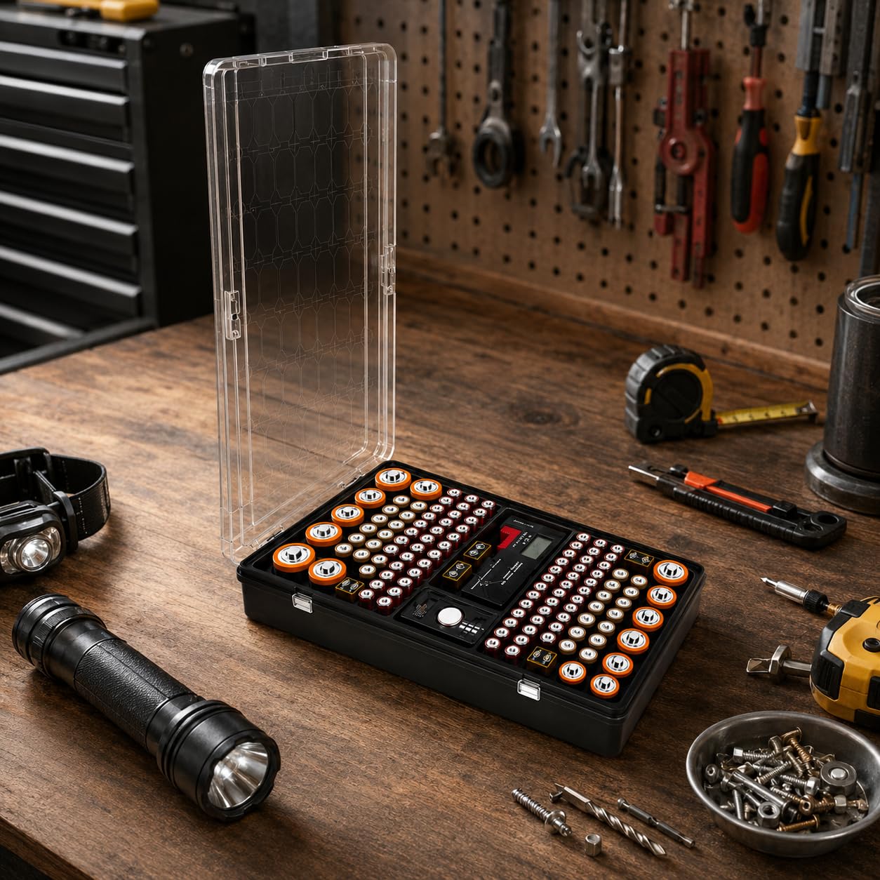 Battery Organizer Storage Case with Tester | Stores & Protects Up to 136 Batteries, Holds AAA AA C D 9V Button Cell with Clear Locking Lid for Home & Garage