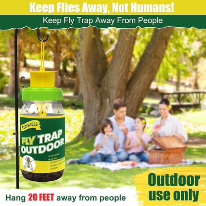 4 Fly Traps Outdoor Fly Trap with 4 Dissolvable Bait Refills, Reusable Hanging Bug Catcher Killer Bottle for Outside Bug Control Patio Yard Ranch Barns Stable, Hanging Rope, Brush Included