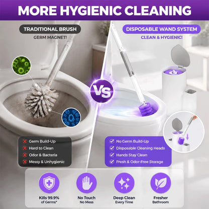 2-Pack Disposable Toilet Bowl Cleaner Wand and Holder with 48 Refills, Wall Mounted Toilet Brush Disposable System, Long Handle Toilet Cleaner Kit with Silicone Hooks & Gloves for Bathroom Cleaning