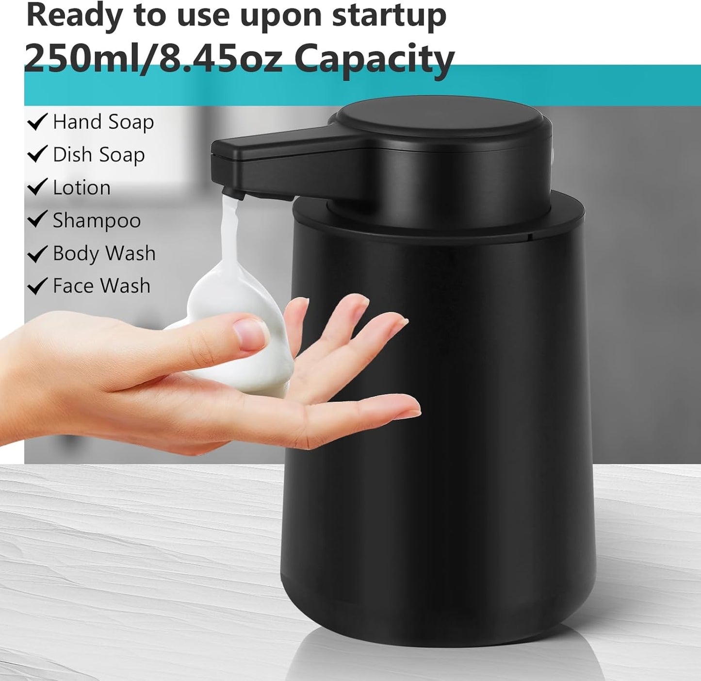 Automatic Soap Dispenser Foaming Touchless: 9oz Plastic Black Modern Rechargeable Electric Auto Foam Soap Dispenser - Bathroom Kitchen Hand Dish Lotion