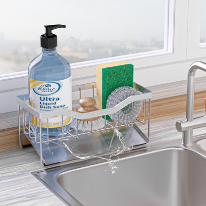 Vanwood Sponge Holder for Kitchen Sink with Auto Draining Tray, Sink Caddy Kitchen Sink Cocina Organizer, Self Drain Dish Soap Sponge Caddy for Counter | Kitchen Sink